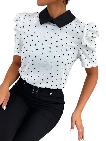 

confetti heart print puff sleeve blouse l94l#, White