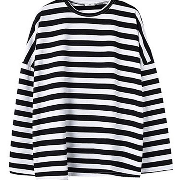 

oversized t shirt spring autumn women harajuku striped t-shirt korean casual full sleeve o-neck t-shirts ulzzang femme black 220420, White