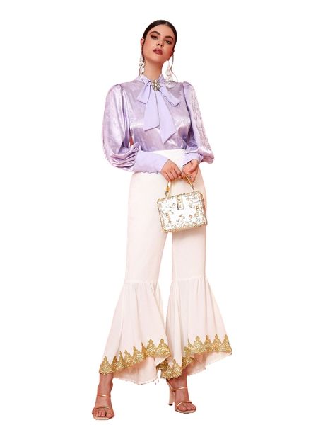 

high waist baroque ruffle hem flare leg pants 17ao#, Black;white