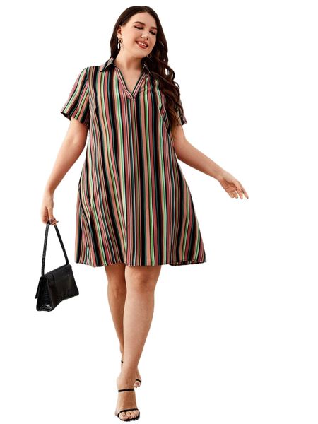 

plus rainbow striped v neck dress l4rz#, Black