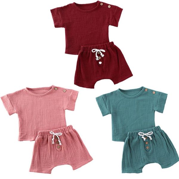 Conjuntos de roupas de 0-24 meses para meninas shorts de verão Definir camisetas de cor sólidas Tops de botão decoração elástica de infanda confortável