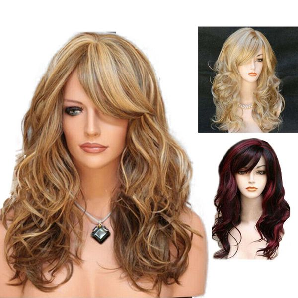 3 Cor de cabelos cacheados longos perucas de cabelo oblíquo Party Cosplay Fashion Wig completo