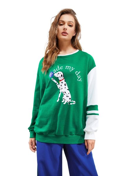 

x mec wasa drop shoulder colorblock dog print pullover v5pv#, Black