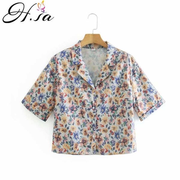 Hsa Donna Moda Stampata Crossover Camicette ritagliate Vintage Manica corta Cerniera laterale Camicie femminili Blusas Chic Top 210716