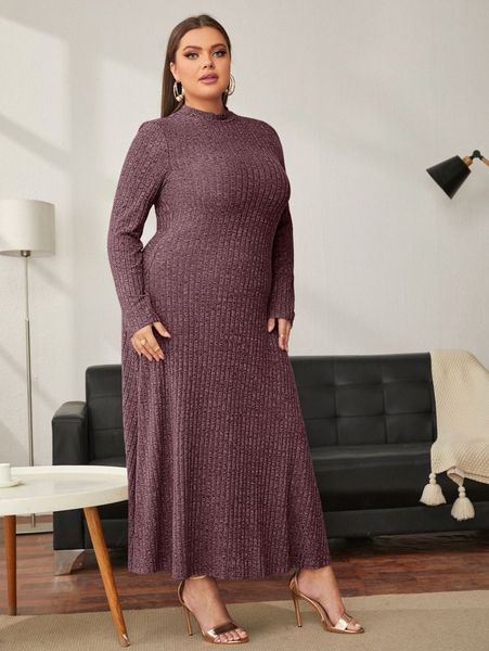 

plus mock neck rib knit dress q4mk#, Black