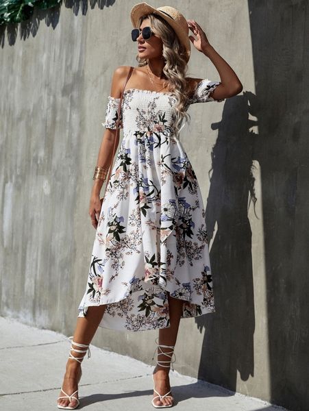

off shoulder shirred wrap hem floral dress l75j#, Black;gray
