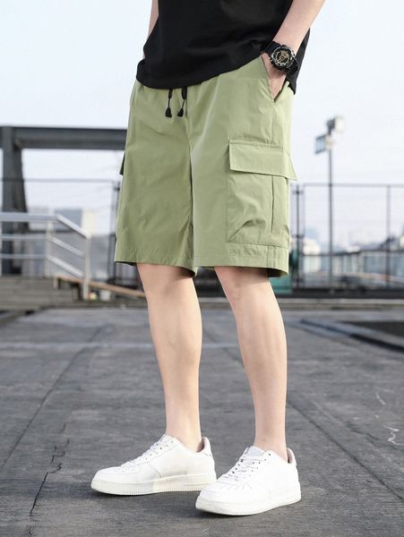 

men solid flap pocket drawstring waist shorts s8js#, White;black