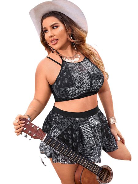 

plus 3pack paisley print tie back halter bikini swimsuit k2g3#, White;black