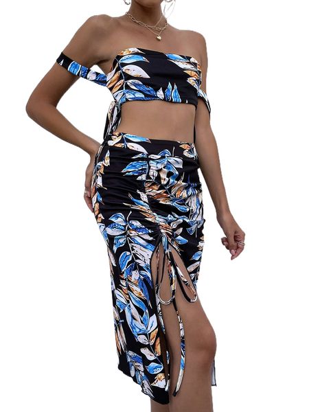 

tropical print off shoulder crop & drawstring split thigh skirt p0su#, White