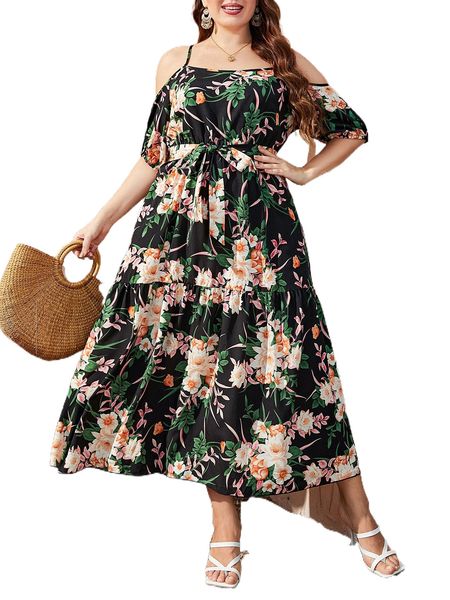 

plus floral print cold shoulder belted dress j2cl#, Black