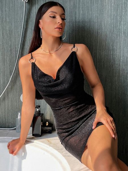 

cowl neck o-ring detail textured cami bodycon dress k8ls#, Black;gray