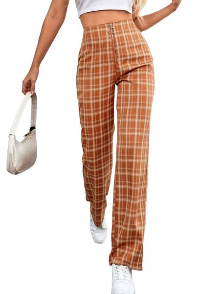 

plaid o-ring zip fly straight leg pants e101#, Black;white