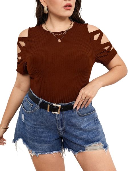 

plus crisscross cold shoulder tee f1u1#, Black