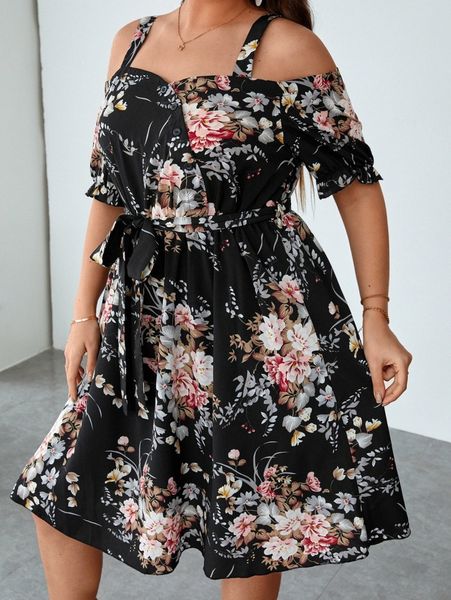 

plus floral print cold shoulder dress 27d6#, Black