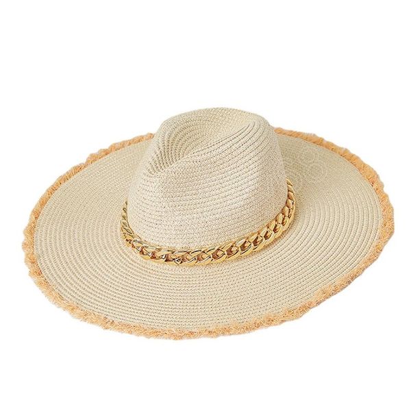 

women luxury hat summer 12cm wide brim thick gold chain straw beach hats outdoor panama jazz sun hats sombrero hombre, Blue;gray