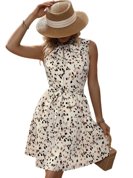 

all over print tie front dress t3q2#, Black;gray