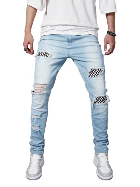 

romwe guys checkerboard ripped jeans 559u#, Blue
