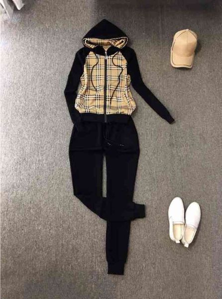 Mulheres calças de duas peças elegante listrado painel zip jaqueta com capuz com calças pretas 2 peças define luxo designer fatos de treino 0912