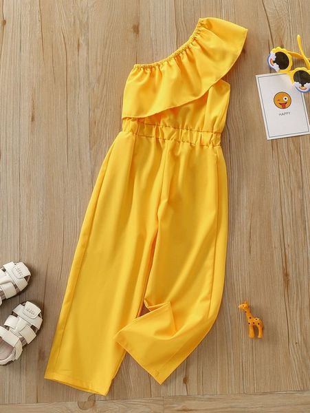 

toddler girls one shoulder ruffle trim jumpsuit she, Blue