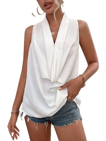 

solid draped collar sleeveless blouse e9hx#, White