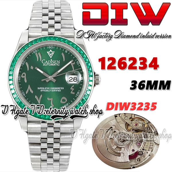 

diw diw126234 sa3235 automatic mens watch 36mm diamonds bezel green dial arabic markers 904l jubileesteel bracelet with same serial warranty, Slivery;brown