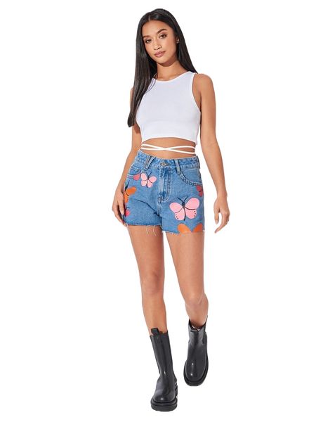

petite butterfly print raw hem denim shorts x7de#, White;black