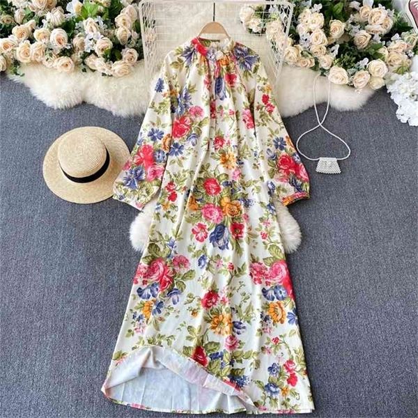 

spring temperament fashion printing vestidos female round neck puff sleeve loose midi dress c306 210507, Black;gray