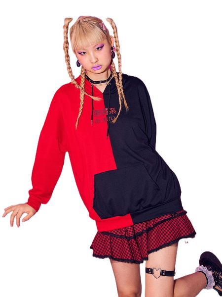 

romwe colorblock kangaroo pocket drawstring hoodie e6pt#, Black