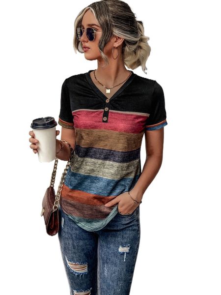 

stripe button front v neck tee u16j#, White