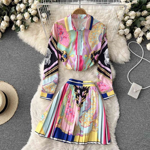 

two piece dress celebrity print suit women's early spring long sleeved shirt design sense versatile high waist pleated skirt two-piece, White