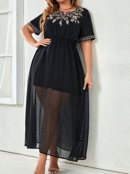 

plus floral embroidery notched neck swiss dot mesh overlay dress 69tv#, Black