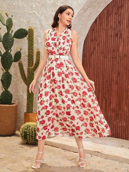 

allover floral print pleated belted dress s7lm#, Black;gray