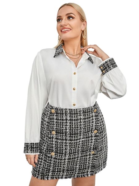 

plus plaid pattern blouse & fake button tweed skirt w0ve#, Black