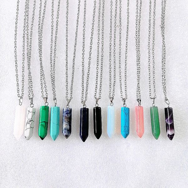

natural stone pendant necklace shexagonal prism healing chakra crystal rosse quartz pendulum necklace, Silver