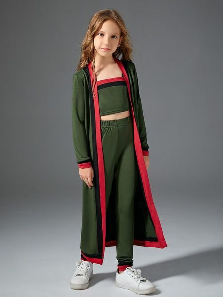 

girls contrast trim open front coat & cami & pants she, White