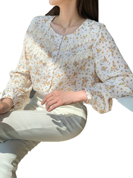 

dazy ditsy floral contrast lace sweetheart neck blouse 05pd#, White