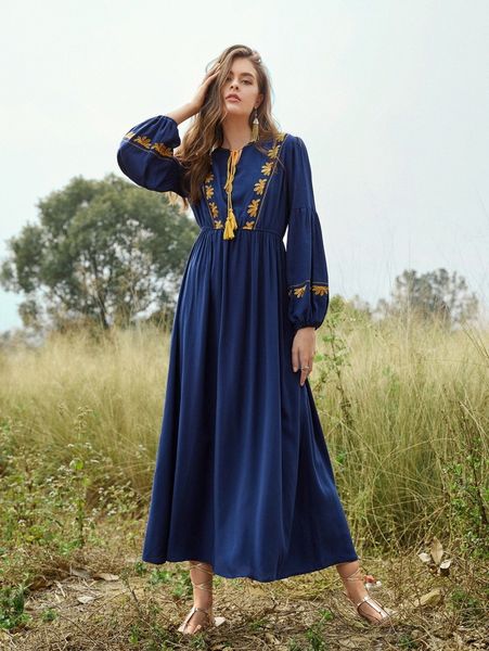 

tassel tie neck lantern sleeve embroidery detail dress h3k0#, Black;gray