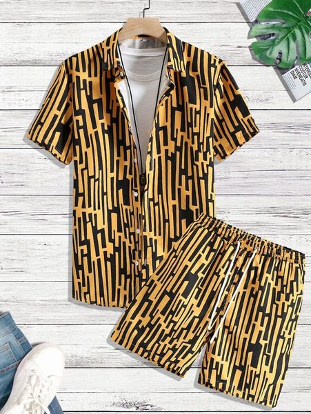 

men random allover print shirt & drawstring waist shorts without tee x9rm#, Gray