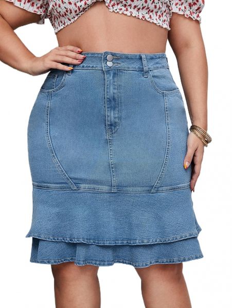 

plus mermaid hem denim skirt j5sj#, Black