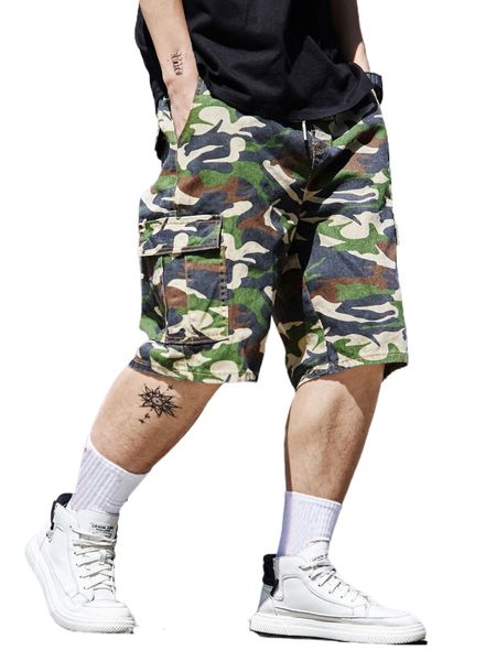 

men camo print flap pocket drawstring waist denim shorts 390r#, White;black