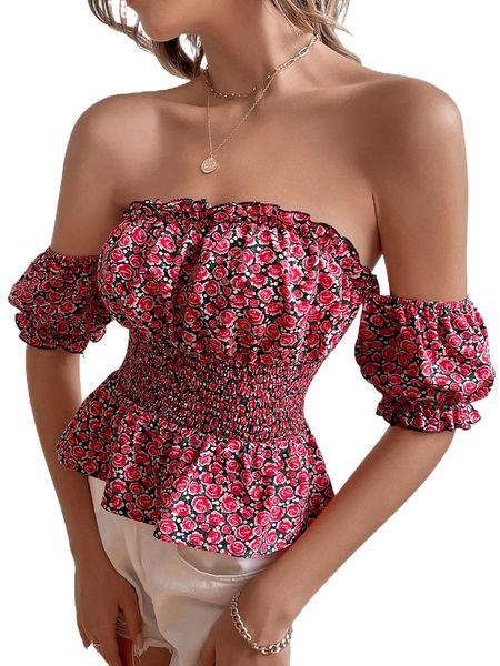

ditsy floral print off shoulder blouse t0h5#, White