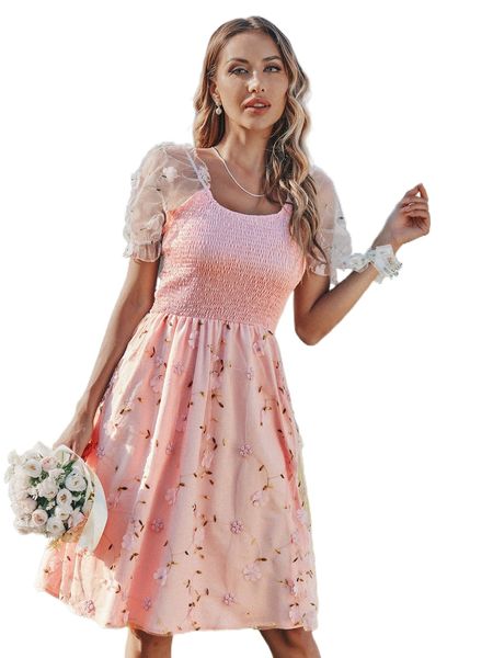 

floral embroidered applique puff sleeve shirred dress x5og#, Black;gray