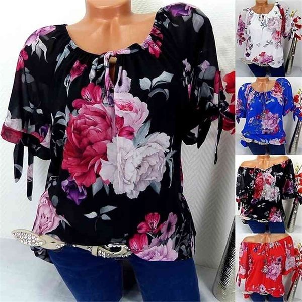 

s-5xl plus size office women short sleeve blouse vintage floral print blouses casual chiffon pullover fashion loose shirt 210326, White