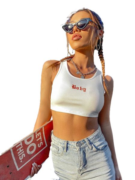 

letter embroidered crop tank d1rz#, White