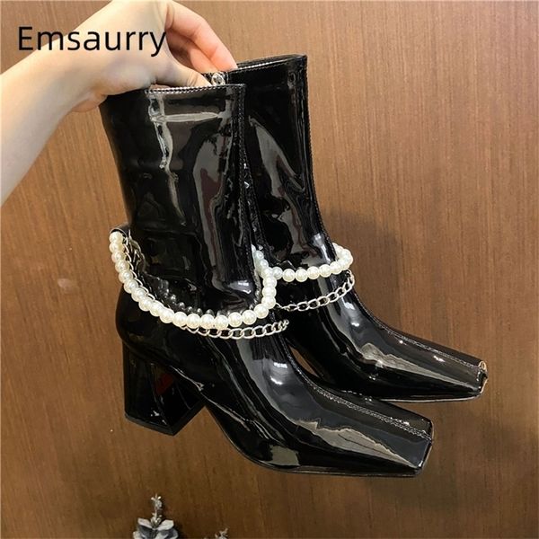 

pearl ankle boots women unique hoof heel square toe side zip string bead chains high heel autumn winter boots woman 201031, Black