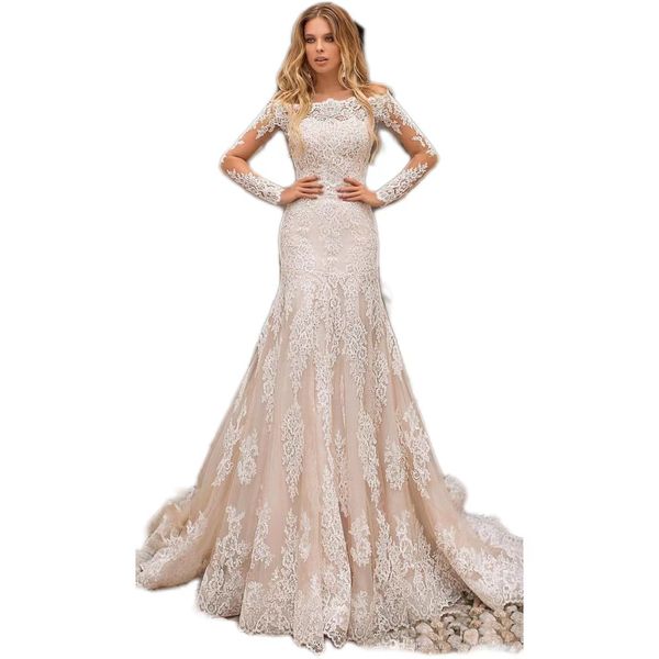 Lindo champanhe sereia vestidos de casamento fora dos ombros rendas apliques transparentes mangas compridas tule vestidos de noiva longos BC0120168d