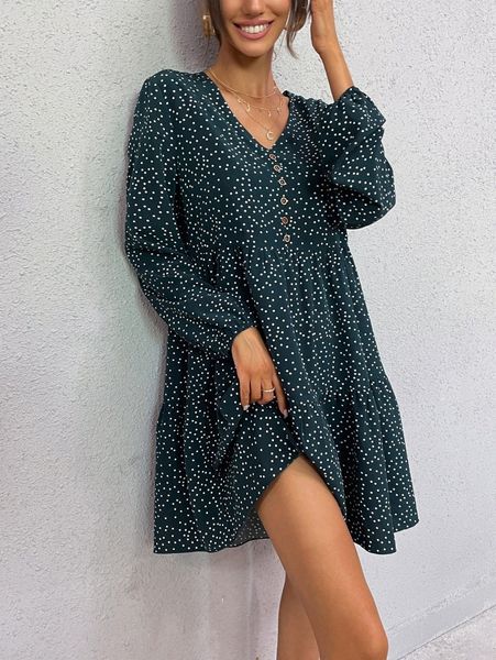 

polka dot button front bishop sleeve ruffle hem dress l9vv#, Black;gray