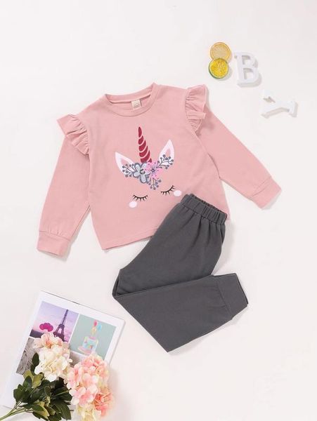 

toddler girls unicorn print ruffle sweatshirt with joggers she, White