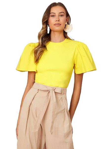 

solid flounce sleeve tee v3r2#, White
