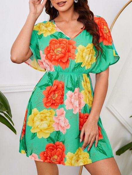 

floral print flounce sleeve dress 81rx#, Black;gray